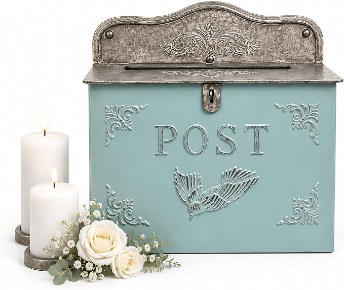 Vintage Style Wedding Card Box – Nostalgic Farmhouse Keepsake Holder for Cards, Wishes & Treasured Moments (Bue Horizontal)