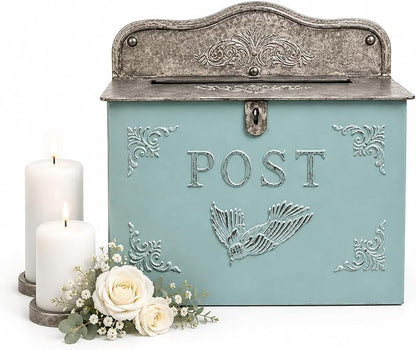 Vintage Style Wedding Card Box – Nostalgic Farmhouse Keepsake Holder for Cards, Wishes & Treasured Moments (Bue Horizontal)