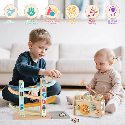 Wooden Montessori Toys for 1 Year Old, Sorting & Stacking Toys, Pounding Hammering Toy with Xylophone & Fishing Game, Car Ramp Toy 3 in 1 Wooden Toddler Toys 1 2 3 for Boys Girls Birthday Gifts