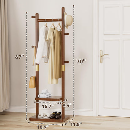 Taitiy Solid Wood Coat Rack, Freestanding Clothing Rack with 2 Shelves Storage & 5 Hooks, Heavy Duty Clothes Rack Stand for Hall, Bedroom, Living Room