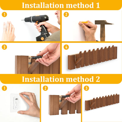 Qriocioa Wood Wall Mounted Coat Rack with 10 Flip Down Hooks, Heavy Duty Piano Style Wall Hook Rack, Decorative Coat Hooks Wall Mount for Entryway, Living Room, Bedroom, Bathroom, Kitchen