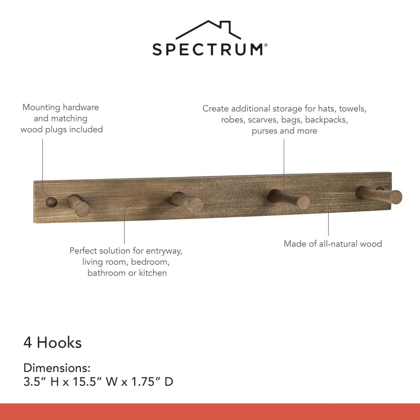 Spectrum Coat Rack Wall Mount 4 Peg Wooden Pegs Organizer for Hanging Coats Hats Bags Towels Jackets Purses, Easy Install Wall Mounted Peg Rack Hanger for Closet Entryway Bedroom Storage, Greige