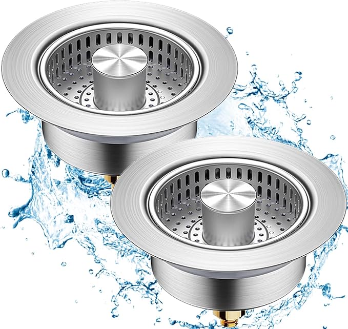 2 Pcs 3 in 1 Kitchen Sink Drain Strainer, Universal Stainless Steel Kitchen