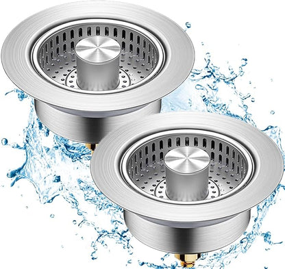 2 Pcs 3 in 1 Kitchen Sink Drain Strainer, Universal Stainless Steel Kitchen