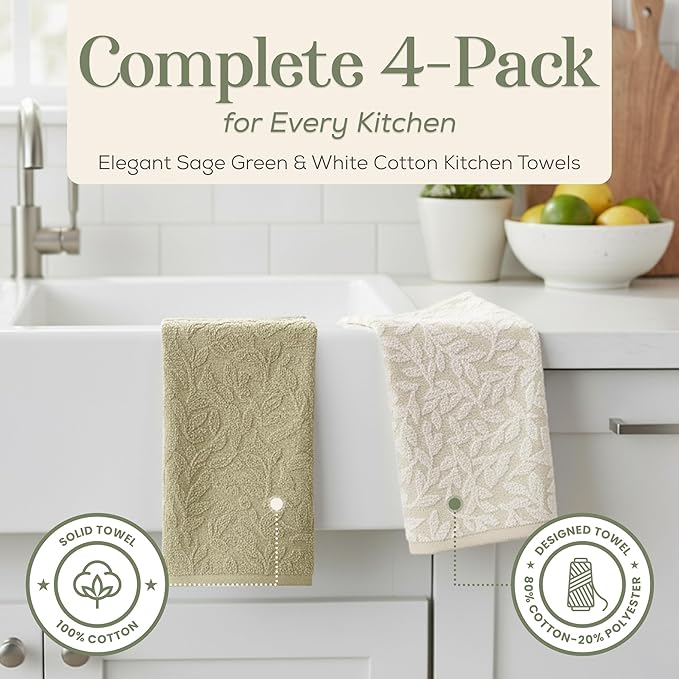 MosJos 4 Pack Hand Towels, Cotton Sage Green and White Floral Kitchen Towel