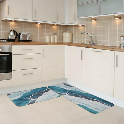 Scczsin White Turquoise Marble Kitchen Rugs Microfiber Floor Mats Cushioned Carpet Runner Rug for Laundry Bathroom Living Room, 2 Piece Set 17"X 47" + 17"X 30"