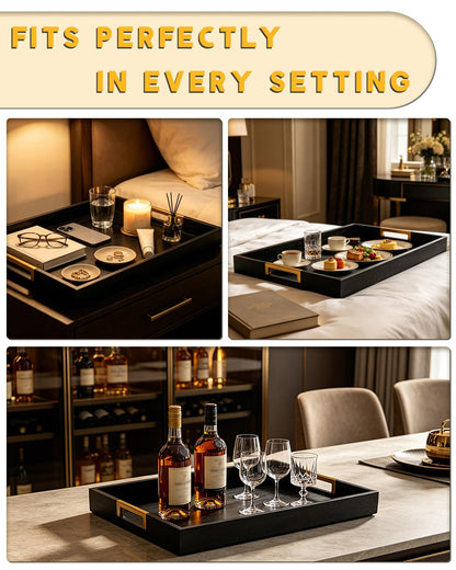 OurMiao 22" x 15.75" Black Wooden Serving Tray with Golden Metal Handles, Large Rectangular Wood Ottoman Tray for Living Room, Coffee Station, Ottoman Table