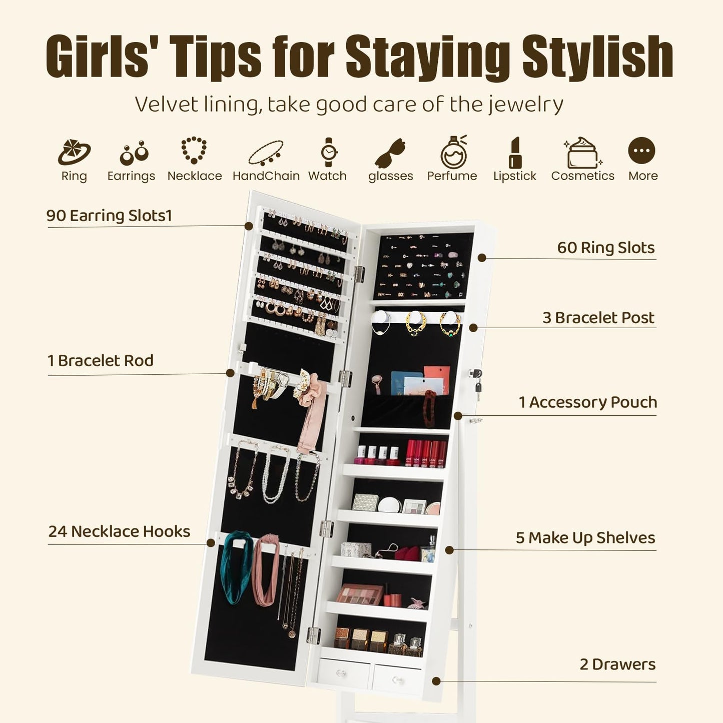 HAPPYMONT Freestanding Jewelry Armoire Cabinet with Full Length Mirror, 47.3" Tall Lockable Jewelry Cabinet, Large Capacity Makeup Organizer with Velvet Lining, 3 Adjustable Angles, White