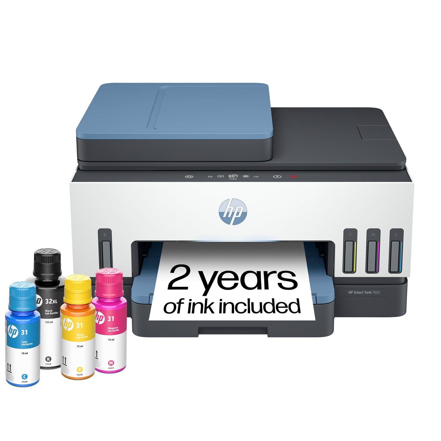 HP Smart Tank 7602 Wireless All-in-One Ink Tank Printer, Scanner, Copier with 2 Years of Ink Included, Best-for-Home Office, Cartridge-Free Refillable, AI-Enabled (28B98A)