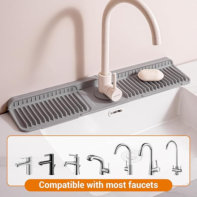 Faucet Mat for Kitchen Sink, Snap-On Design & 7°slope Fast Drain, Folding Sink