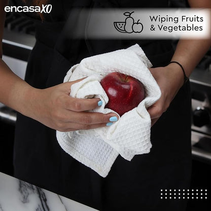 Encasa XO Kitchen Dish Towels Set | White | Waffle Weave and Flat Hand Tea