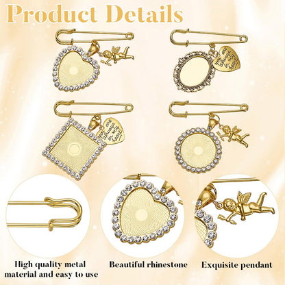 WEBEEDY 94 PCS 16 Sets Wedding Bouquet Photo Charms Gold Rhinestone Pin Brooch Making Kit Heart Oval Round Square Charms with Clear Glass Cabochons You Are Always in My Heart Charm for Wedding Gift