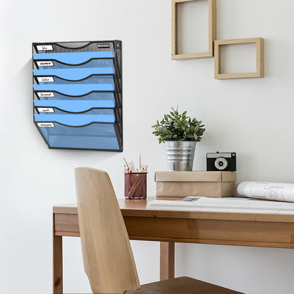BOHDK Wall File Organizer, 6 Tier Hanging File Folder Mail Organizer, Vertical Mesh Metal Wall Mount Hanging File Holder, Paper Document Magazine Rack for Home Office Black