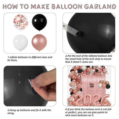 Graduation Balloon Garland Arch Kit for Graduation Decorations Class of 2026 - Rose Gold Black and White Balloons Different Sizes 5 12 18 Inch GraduationBalloons Arch for Grad Party Supplies