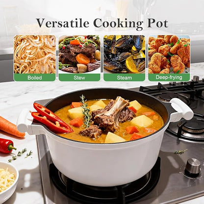 7 QT Steamer Pot for Cooking, Large Steaming Pot with Lid, Nonstick Cooking Pot with Vegetable & Dumpling Steamer Basket, Big Food Steamer Cookware, Induction Compatible, PFOA Free, White