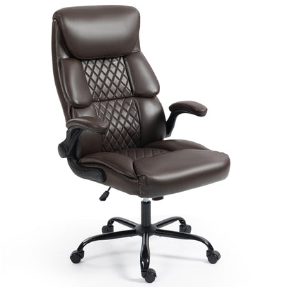 Office Chair - Ergonomic High Back Computer Desk Chair with Rocking Function & Lumbar Support - Executive Comfortable Wide Swivel Rolling Office Leather Chair with Flip-up Armrests for Home Gaming