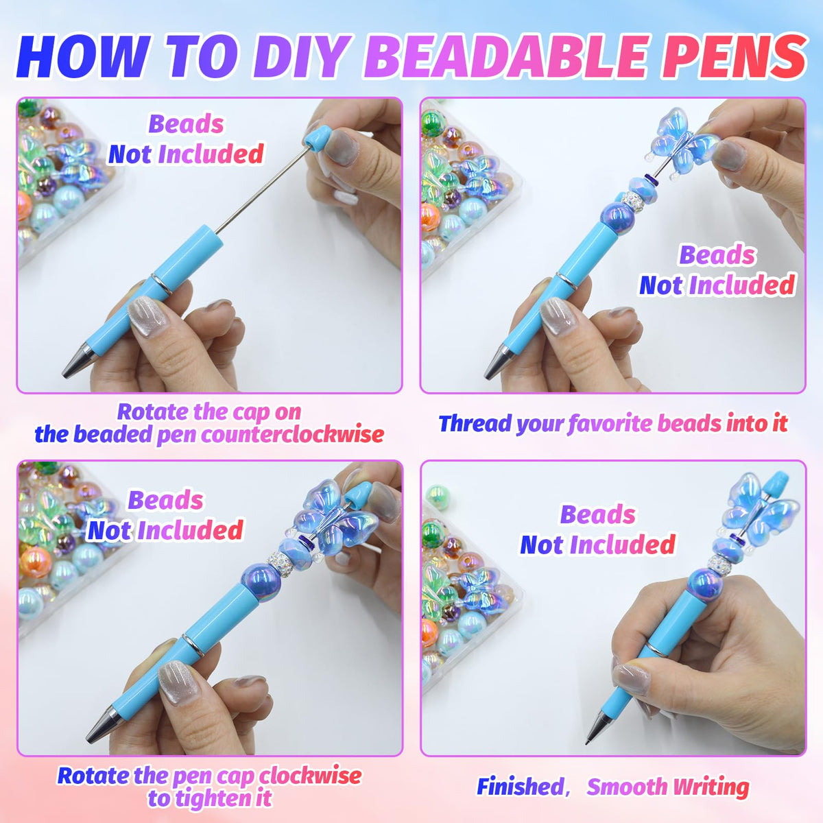 DASTTUIS 150 Pieces DIY Beadable Pen Kit – 50 Plastic Ballpoint Pens with Refills & Bags, Beads Not Included – School Supplies, Office Accessories & Craft Gifts for Students & Teachers (Multicolor)