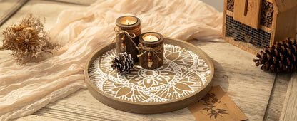 Hanobe Round Decorative Tray for Table: Boho Coffee Table Trays for Home Decor - Mid Century Farmhouse Circle Wood Serving Rustic Bohemian for Kitchen Counter Women