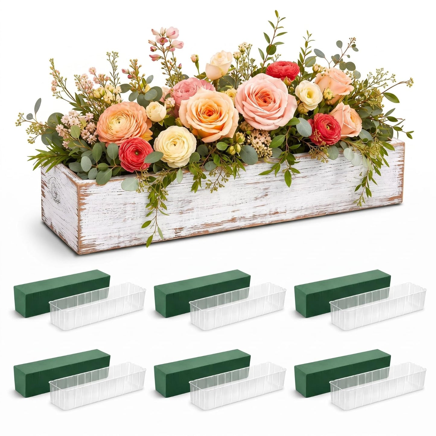 Dandat 6 Set Wood Boxes for Centerpieces 12x4 Inch Rectangle Wooden Planter Box Rustic Wooden Planters with Removable Plastic Liner Floral Foam Blocks for Christmas Wedding Home Garden Decor(White)