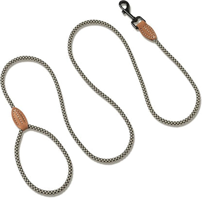 Mile High Life Small Dog Leash, Thin Rope Leash with Genuine Leather Connection and Heavy Duty Metal Clasp, Great for Small Medium Dogs(Black Khaki,48 Inch-1/3)