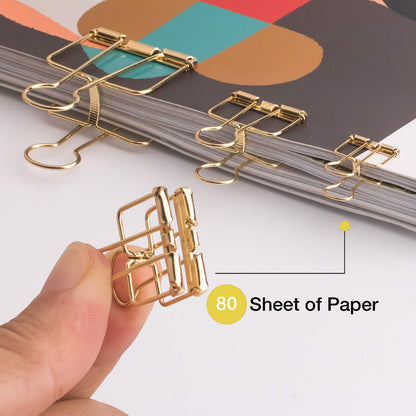 18 Pcs Gold Wire Binder Clips and 20 Pcs Cute Paper Clips Set Assorted Sizes, 2 Big 6 Medium 10 Small Smooth Steel Hollow Office Clamp Clips