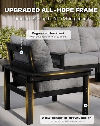 3 Piece HDPE Outdoor Patio Furniture Set, All-Weather 2 Armchairs with Side Table, Patio Conversation Set with Grey Washable Thick Cushion for Balcony,Porch(Black Frame)