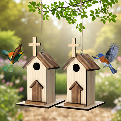 Leinuosen 2 Pcs Birdhouse Outdoor Hanging Wooden Church Birdhouse Cross Design 12" H Small Bird Houses Religious Bluebird Hummingbird Nesting Boxes for Outside Spring Easter Baptisms Garden Decoration