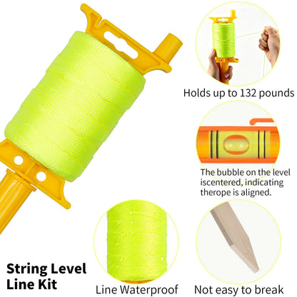 Fluorescent Green Construction String Line Kit: 24 Pcs 12" Wooden Garden Stakes, #18 560ft Mason Line with Handle, 5 String Levels, 2 Pairs Work Gloves | for Outdoor DIY, Landscaping, Yard & Fence