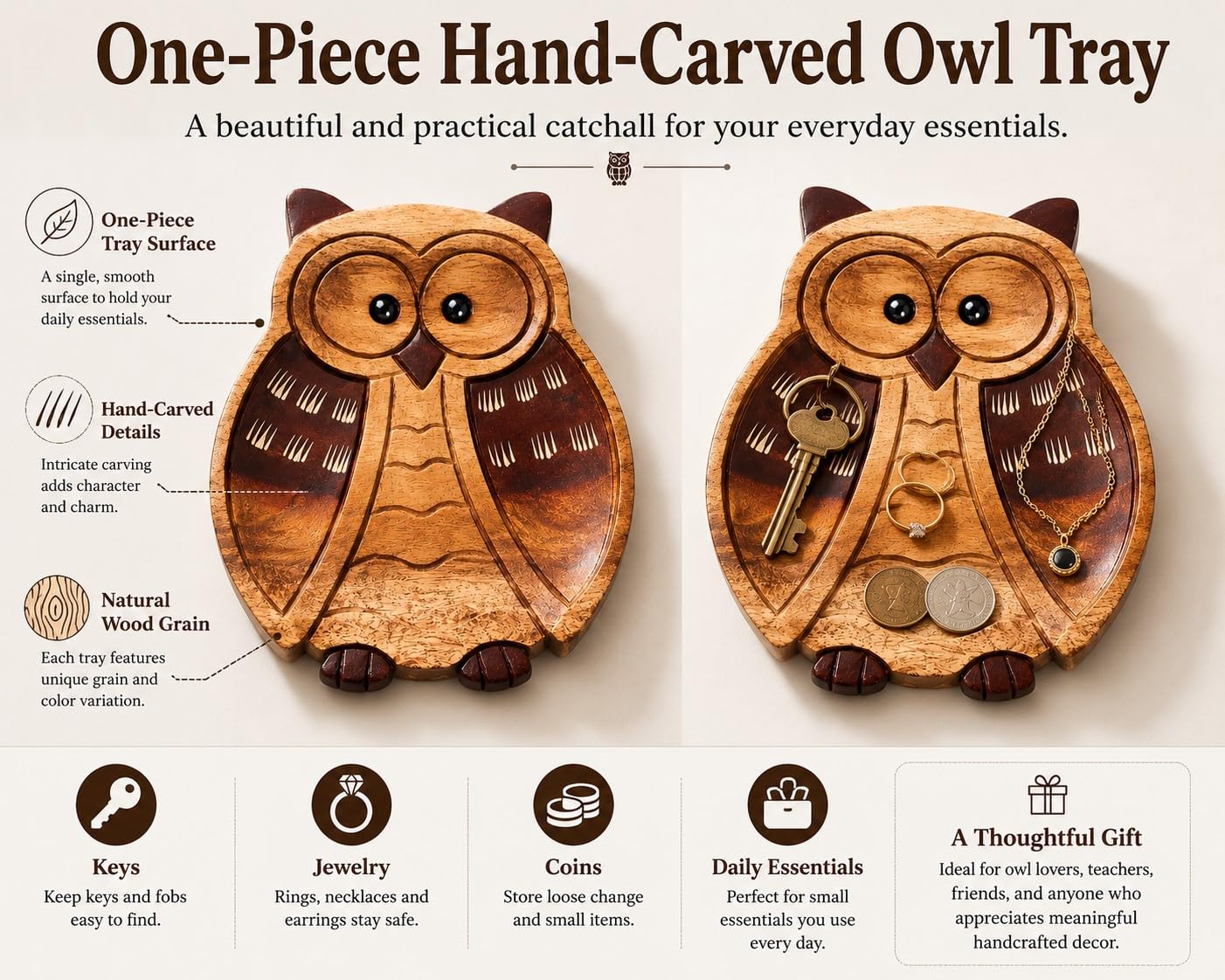 MMTONGZH Wooden Owl Tray, Hand Carved Symbol of Wisdom and Protection, Decorative Catchall Tray for Keys, Jewelry, Coins, Owl Gift for Desk, Entryway, Dresser