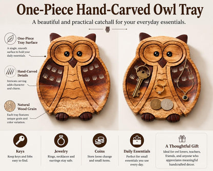 MMTONGZH Wooden Owl Tray, Hand Carved Symbol of Wisdom and Protection, Decorative Catchall Tray for Keys, Jewelry, Coins, Owl Gift for Desk, Entryway, Dresser