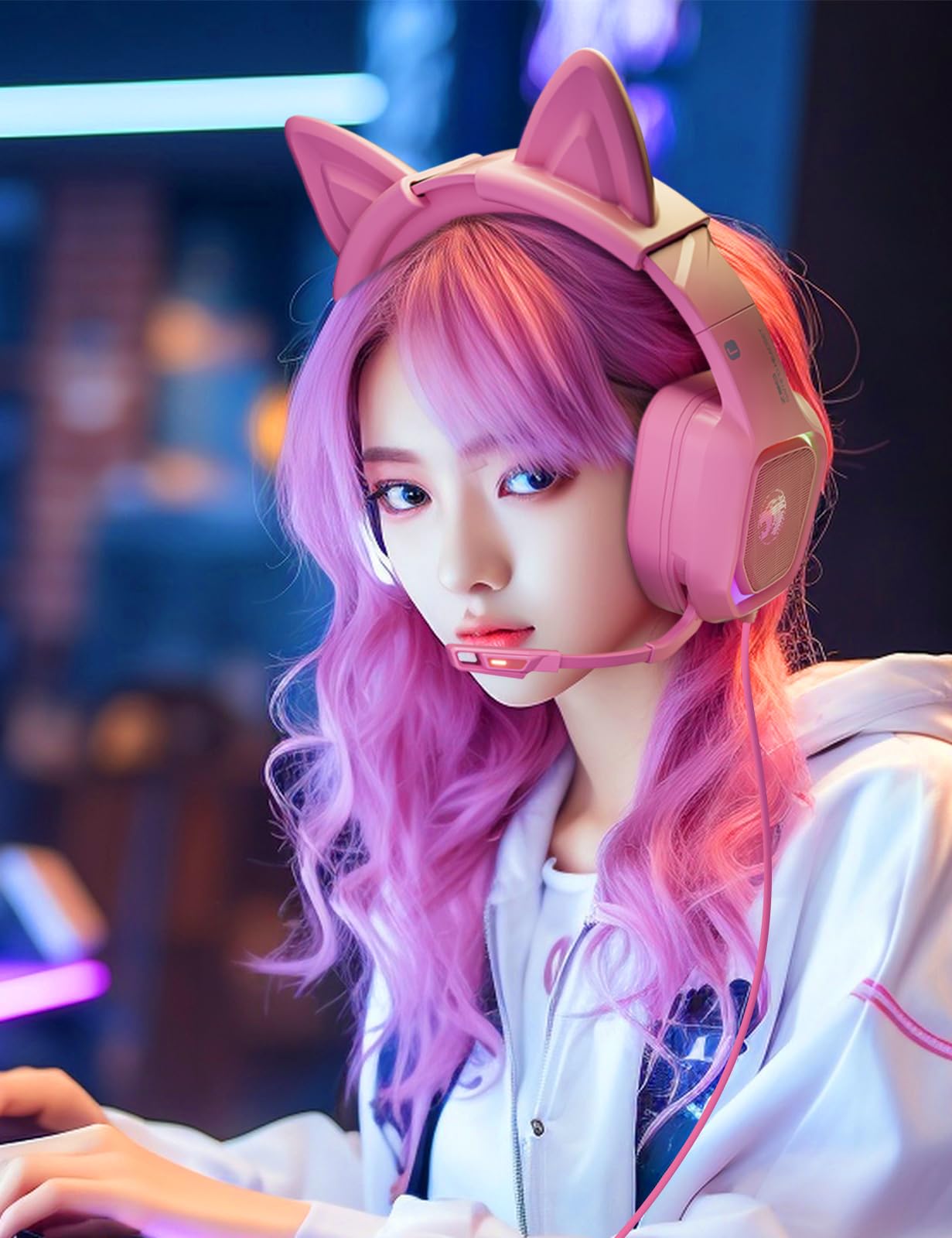 ZIUMIER Gaming Headset with Detachable Cat Ears, Compatible with PS4 PS5 Xbox One PC Laptop, Over-Ear Headphones with LED Light, Noise Canceling Mic, Stereo Surround Sound (Pink Cat)