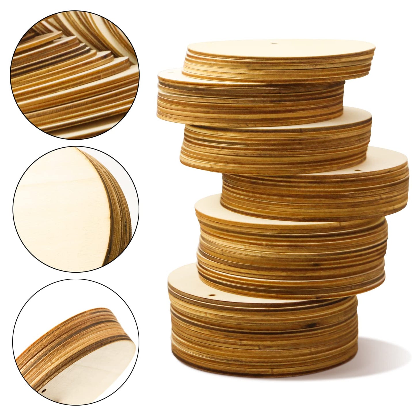 FSWCCK 100 PCS 4 Inch Wood Circles for Crafts – Round Blank Discs with Holes, Unfinished Wooden Cutouts for DIY, Painting, Staining, Coasters,Laser Engraving Sign Blanks, Ornament (4inch-100 Pack)