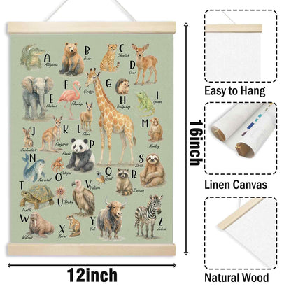 Xmsaitar Classroom Animals Zoo Alphabet Poster Hanger Frame Wall Decor, Green ABC Prints for Wall Hanging Decor Art, Nursery Educational Banner for Kids Toddler Room Dorm Playroom Preschool 12x16in