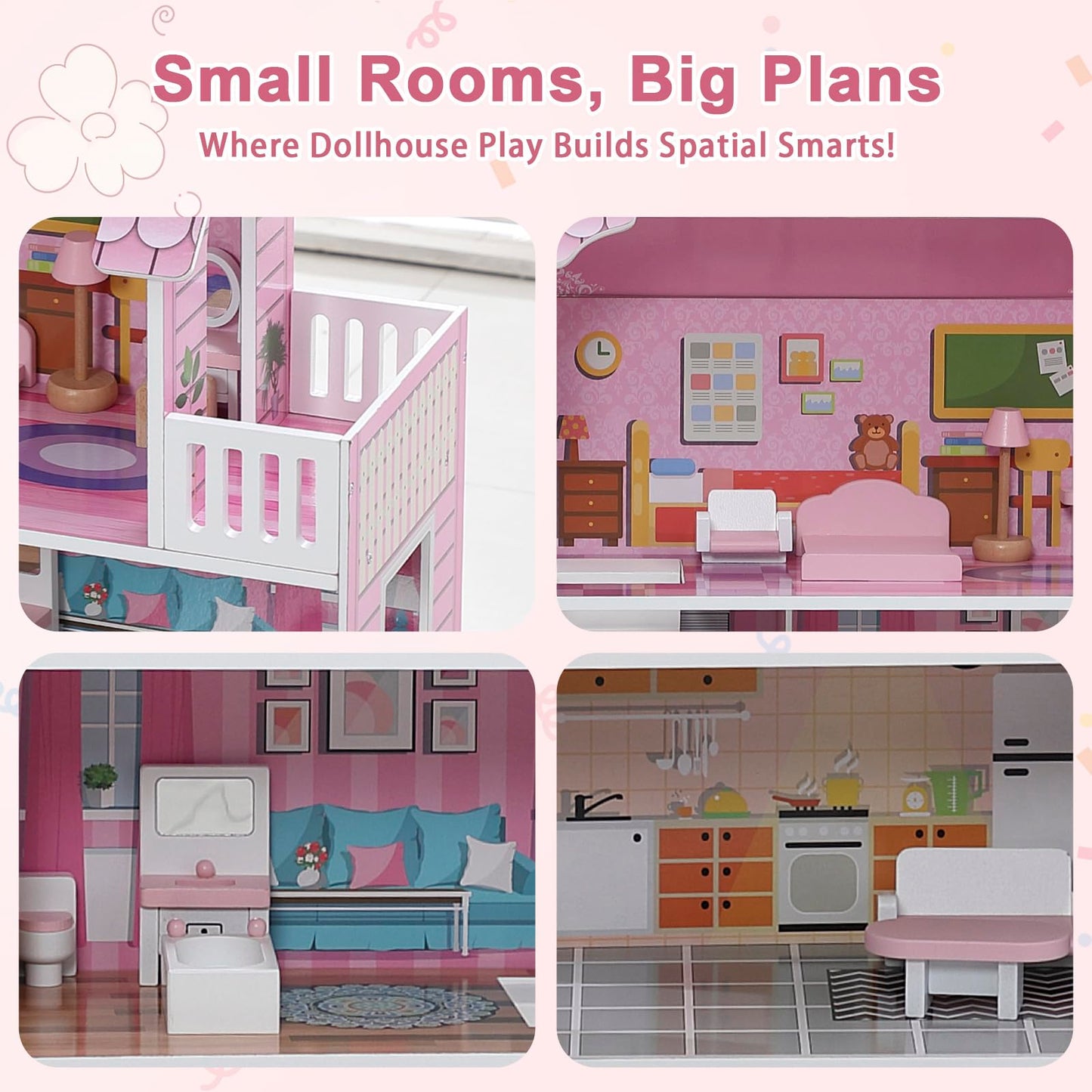 OCINONE Kids Dollhouse - Pink Wooden Doll House with 10-Piece Mini Furniture Set, 3-Story & 5 Open Rooms, Easy to Assemble Pretend Play House, Gift for Girls Boys Ages 3 4 5 6 Years Old