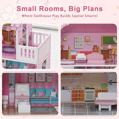 OCINONE Kids Dollhouse - Pink Wooden Doll House with 10-Piece Mini Furniture Set, 3-Story & 5 Open Rooms, Easy to Assemble Pretend Play House, Gift for Girls Boys Ages 3 4 5 6 Years Old