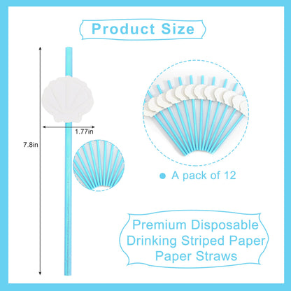 12Pcs White Shell Blue Straws - Ocean Birthday Wedding Decorations,Shell Disposable Drinking Paper Straws,Last Toast on the Coast Party Decorations,Seashells Bachelorette Party Centerpieces