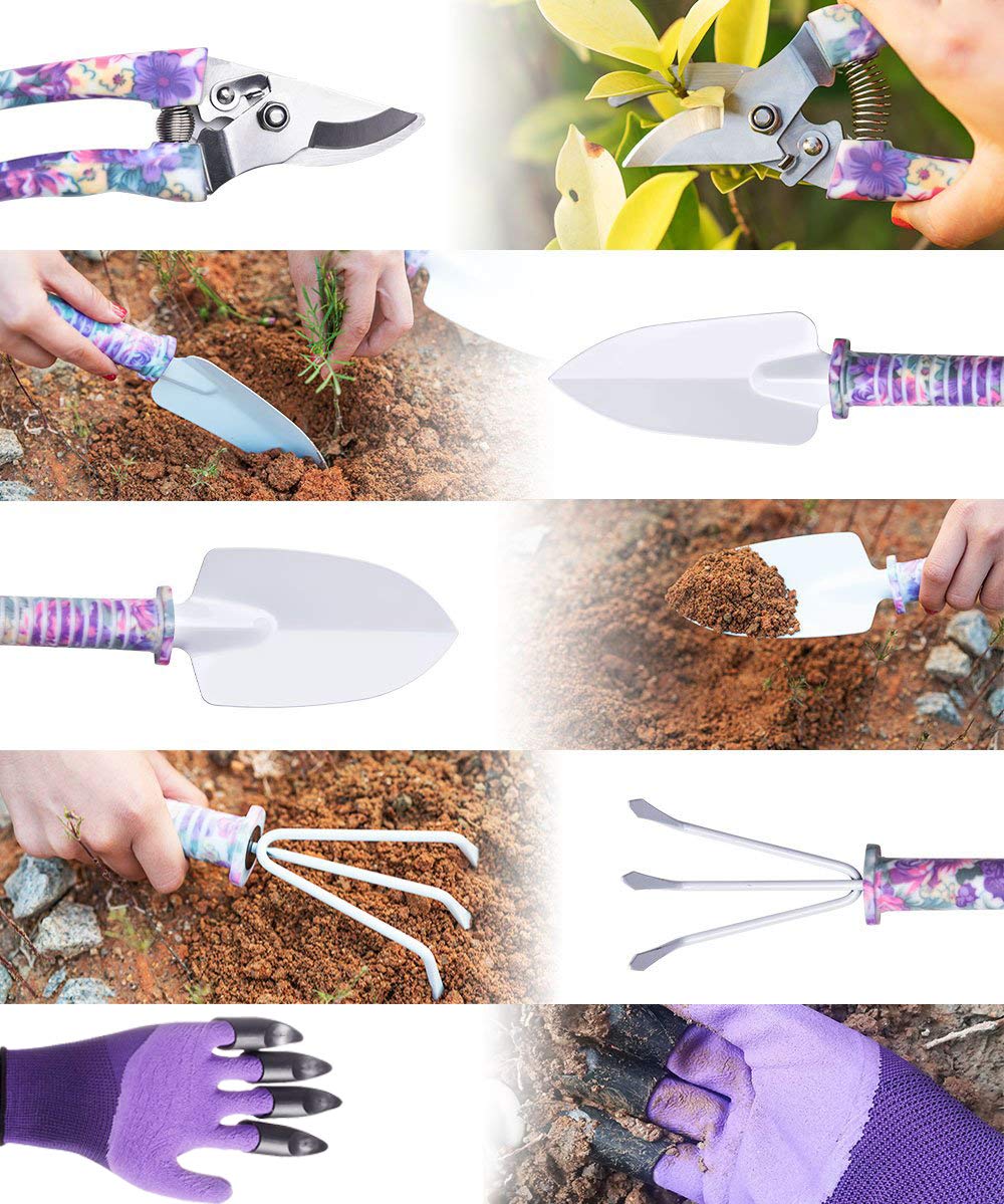 WISDOMLIFE 6 Pieces Garden Tools Set Planting Tools, Non-Slip Handle with Anti-Rust Trowel, Cultivator, Pruning Shear, Water Sprayer and Carrying Case, Gloves with Claws