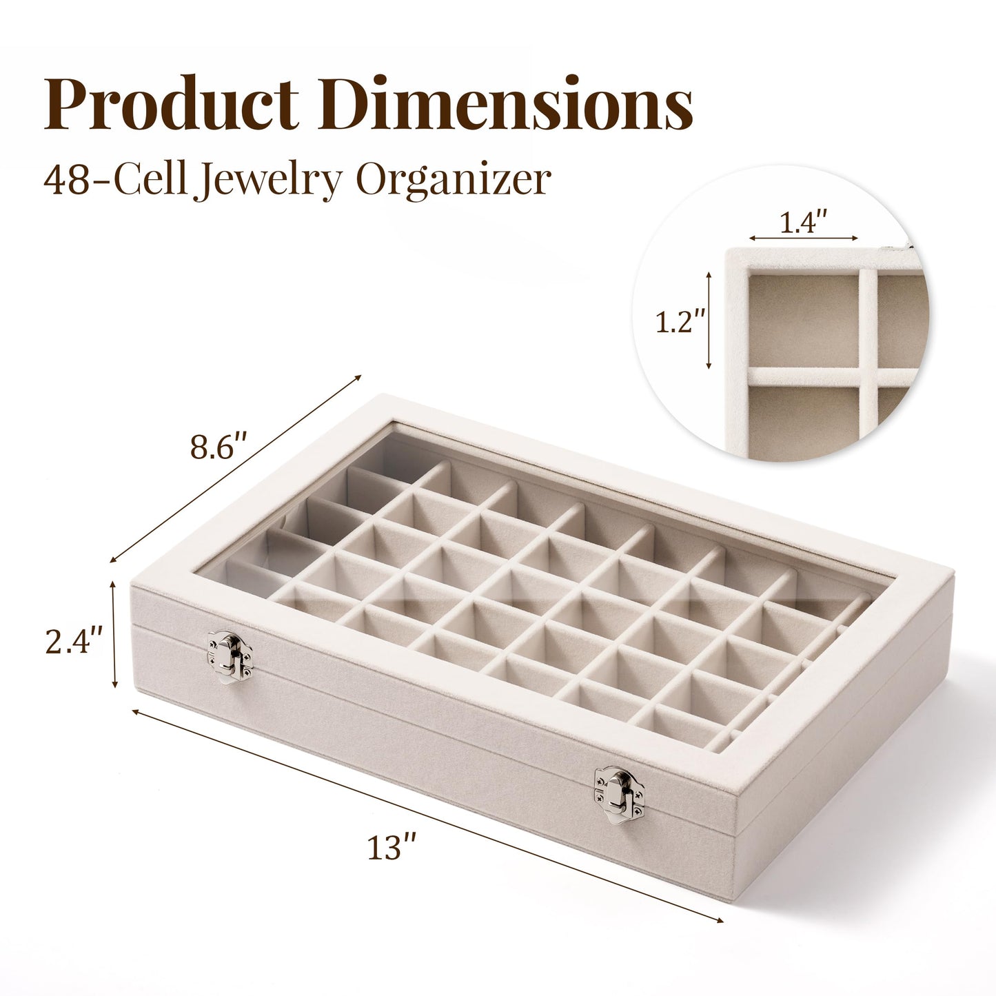 Josmimic 48 Grid Earring Organizer and Storage: Velvet Jewelry Tray with Lid, Jewelry Box for Studs, Earrings, Rings, Necklaces, Dresser & Vanity, Earrings Case for Girls, Women, 13"x8.6"x2.4", Beige
