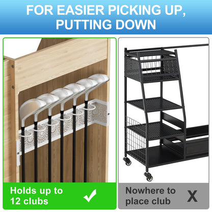 Ponsonbay Golf Bag Storage Organizer for Garage, Premium Wooden 2 Golf Bags Rack with Drawer, Easy Assemble Golf Club Stand/Holder Suitable for Garage Home Simulator and Office