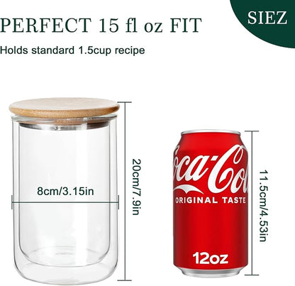 LIBWYS 2 Pack Overnight Oats Containers with Bamboo & Stainless Steel Lids, 15oz Meal Prep Jars - Double Walled High Borosilicate Glass jars for Overnight Oats, Chia Pudding & Salad