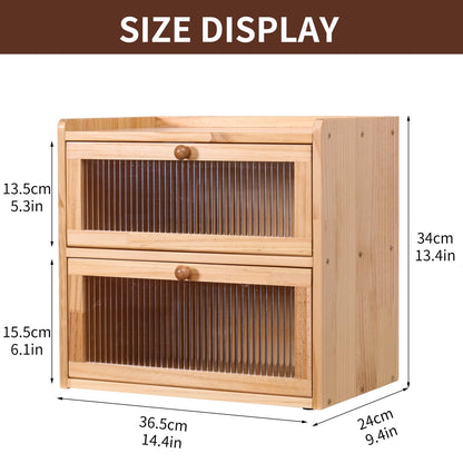 FDHUIJIA Double Layer Large Bread Box for Kitchen Counter, Wooden Bread Storage Container with Acrylic Window, (natural)
