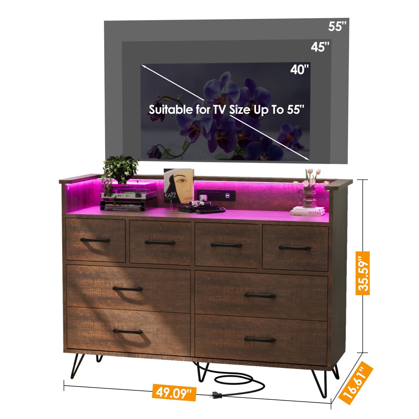 Hetoy Wooden Dressers for Bedroom with 8 Storge Drawers & LED Lights and Charging Station, Brown Wood Chest of Drawers, Modern Deep Drawers Organizer for Closet, Living Room Hallway, Entryway