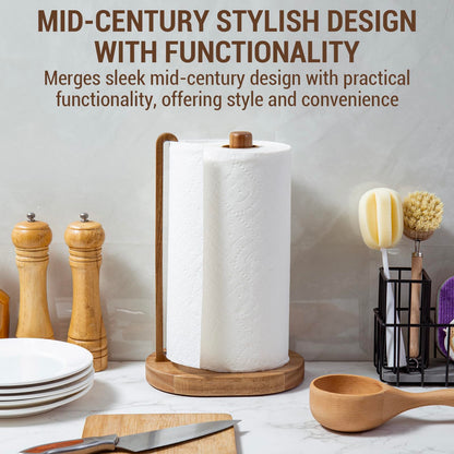 MyGift Premium Acacia Solid Wood Countertop Paper Towel Roll Stand with Easy-Tear Dispenser, Wooden Farmhouse Table Standing Holder for Disposable Kitchen Towels