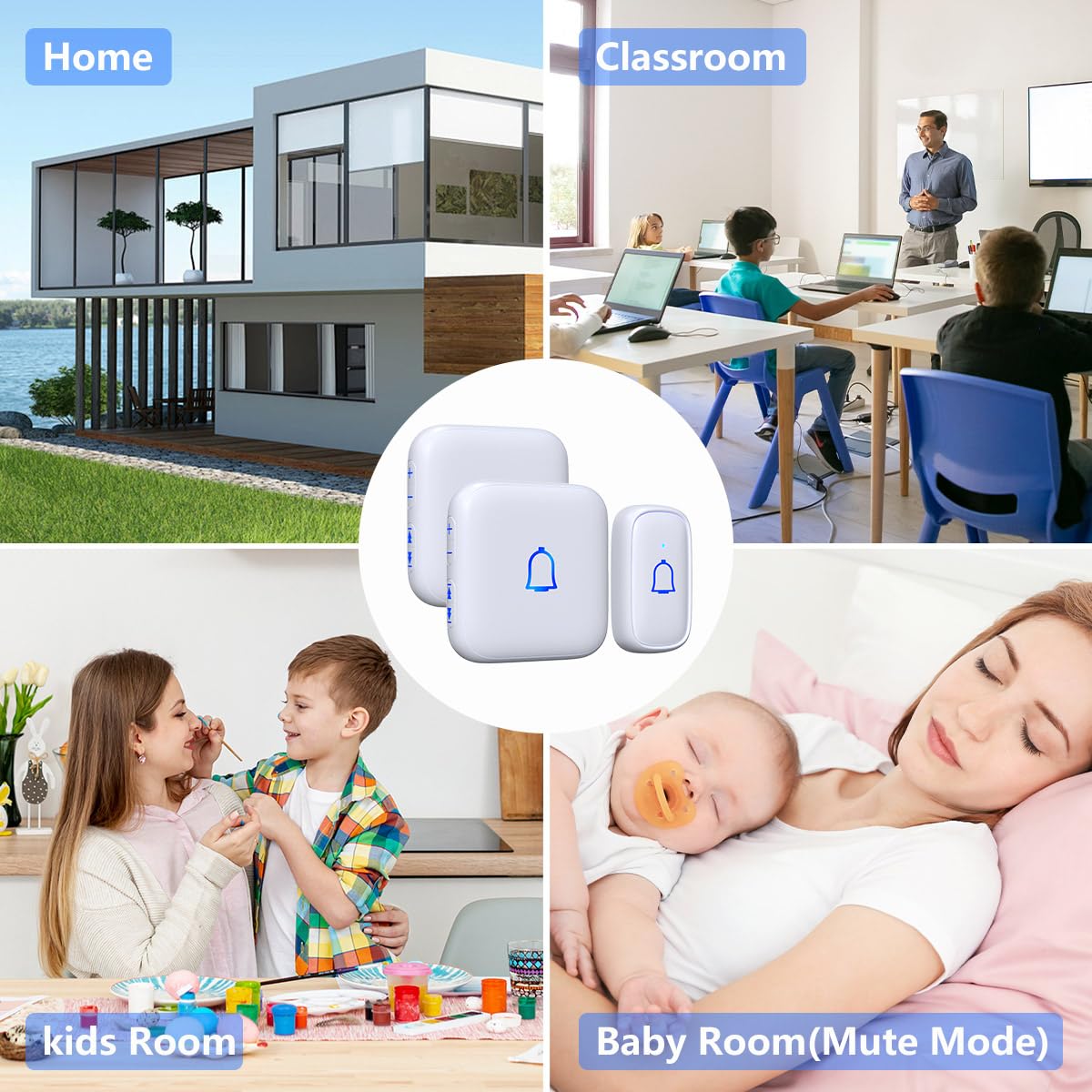 Classroom Doorbell Wireless Doorbell IP66 Waterproof 1000Ft 66 Chimes Mute Mode 115dB 7-Level Vol Loud Electric Door Bells for Home Office Classroom Kids Room Teachers & Hearing-Impaired