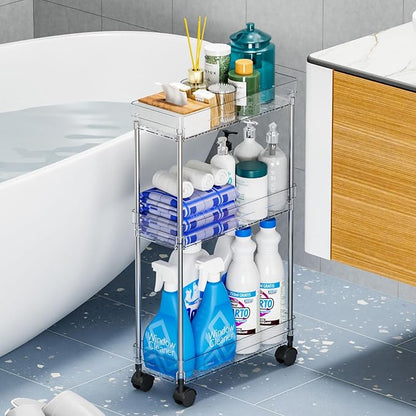 Yieach Clear 3 Tier Slim Rolling Storage Cart with Wheels,6.3″W Thin Shelf,Bathroom Storage Cabinet,Skinny Laundry Cart,Narrow Laundry Room Cart Between Washer and Dryer,Skinny Shelves for Small Space