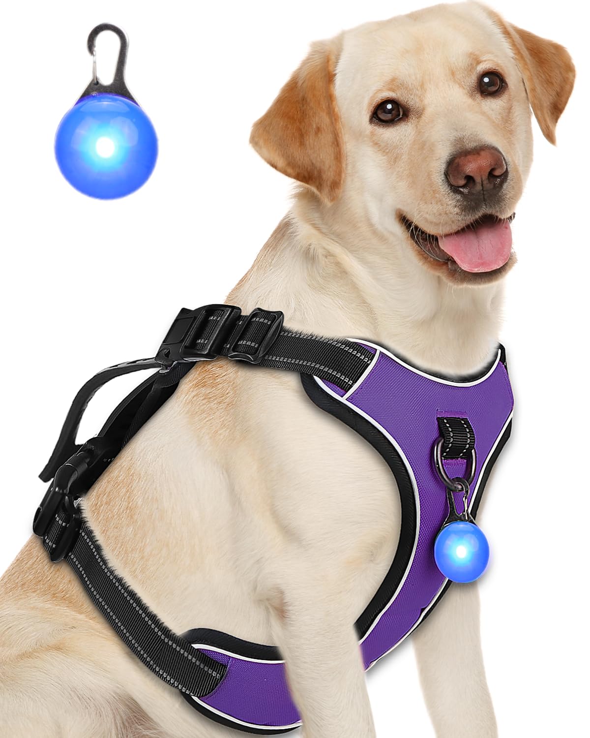 Perperqer Dog Harness Purple No Pull Y Shaped for Medium Sized Dog, Small to Large Dogs Reflective Adjustable Easy Walk Puppy Harnesses,Heavy Duty Girl Boy Pet Vest 3 Buckle with Handle & Light,L