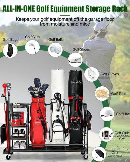 FHXZH Golf Bags Storage Garage Organizer Golf Bag Stand for Golf Bags, Clubs, Balls, Golf Equipment Accessories, Golf Bag Storage Rack with Wheels for Garage, Club, Basement (3 Golf Bag Organizer)