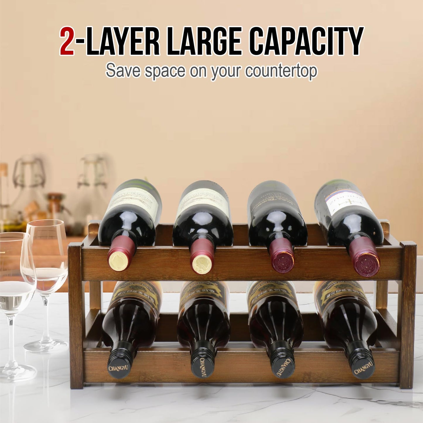 Thalomely Bamboo Wine Rack, 2-Tier 8 Bottles Wine Storage Cabinet Shelf, Easy-Assembly Freestanding Bamboo Wine Racks Countertop for Kitchen Pantry Dining Room Bar, Walnut