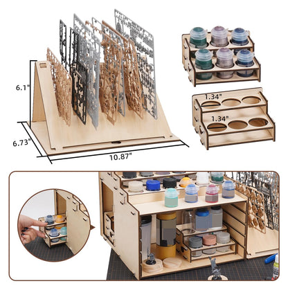 T TOGUSH Model Paint Holder with Adjustable Storage, Wooden Miniature Model Paints Organizer for 36 Paint Holes and 36 Holes of Painting Brushes wtih Model Pieces Shelf