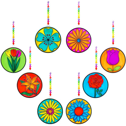 Winlyn 24 Set Spring Flower Suncatchers Ornaments Decorations DIY Window Paint Art Kit for Kids Classroom Activities Party Favors
